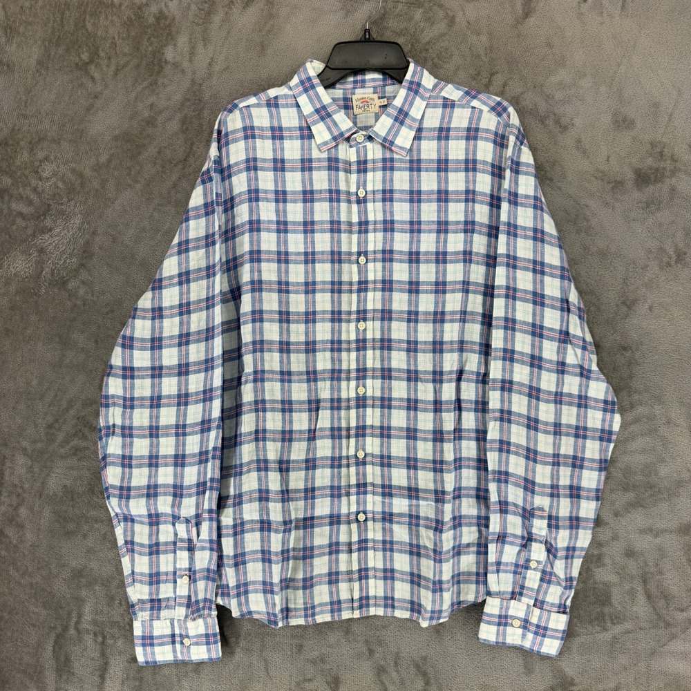 Faherty Brand Mens XL 100% Linen Plaid Button Down Shirt Blue Red MWR1810SHP